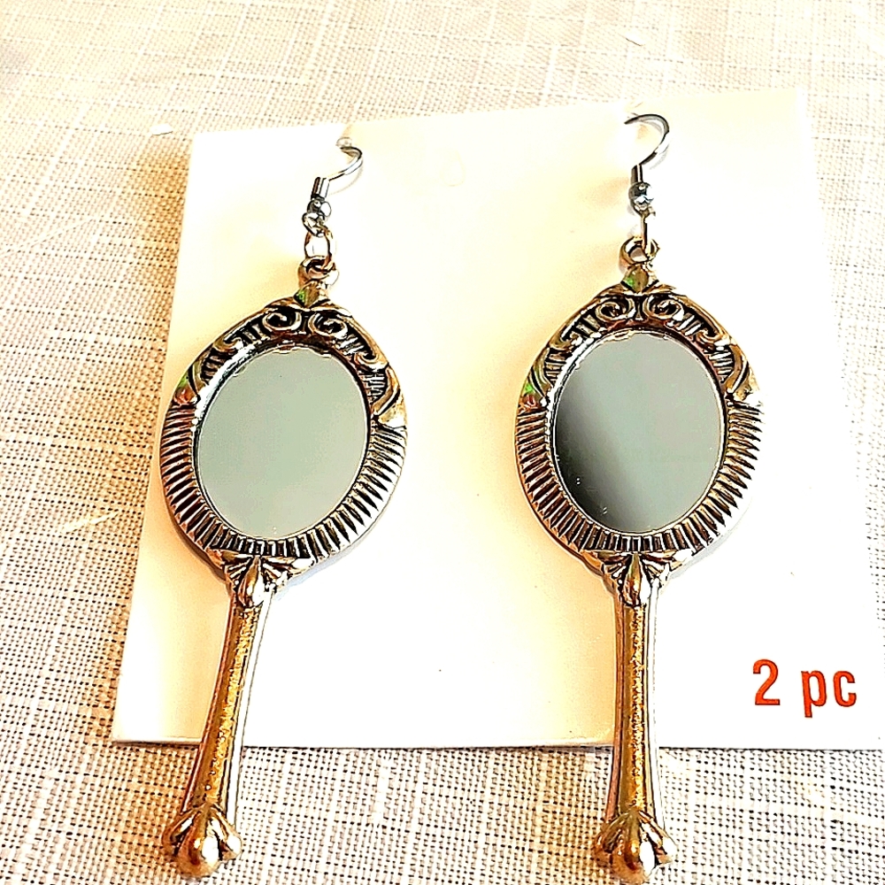Hand Mirror Earrings Goldtone